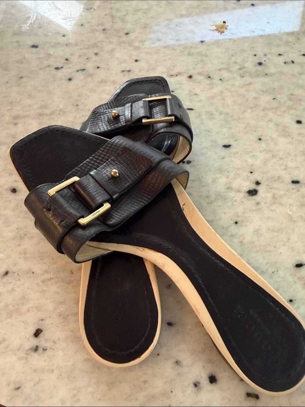 Vintage Gucci Black Slide Sandals with Buckle Detail